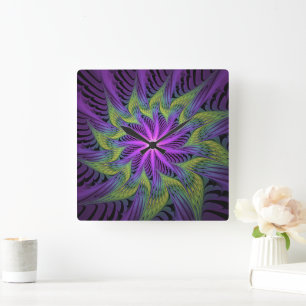 Relógio Quadrado Arte abstrata fractal moderna flor roxa verde