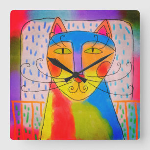 Relógio Quadrado Arte abstrata Funky do gato
