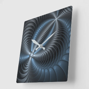 Relógio Quadrado Arte abstrata moderna fractal 3D em azul cinza plá