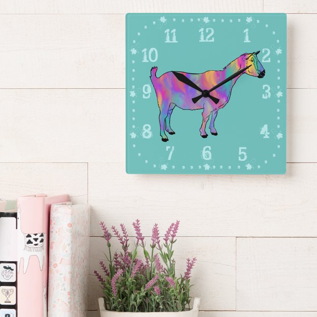 Relógio Quadrado Arte Animal Colorida De Cabra Bela (Cute goat colorful animal art wall clock watercolor swash pink purple yellow teal green)