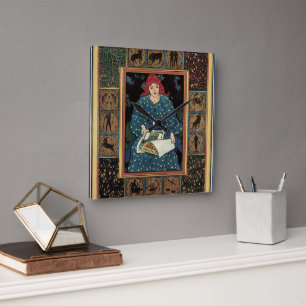 Relógio Quadrado Arte Antiga Modernista, Mulher Lendo Livro de Astr