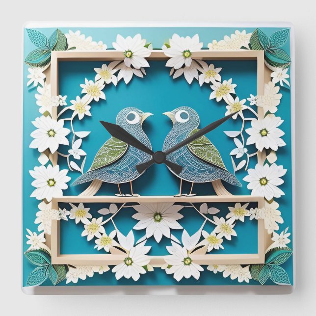 Relógio Quadrado Arte Azul Jay Birds (Frente)