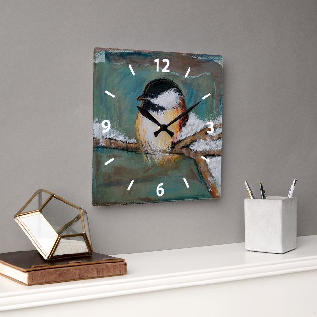 Relógio Quadrado Arte Bird Cute Chickadee (Cute Chickadee Bird Art Square Wall Clock from Jenn's Emporium.)