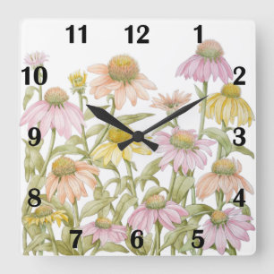 Relógio Quadrado Arte Botânica Aquarela de Coneflowers