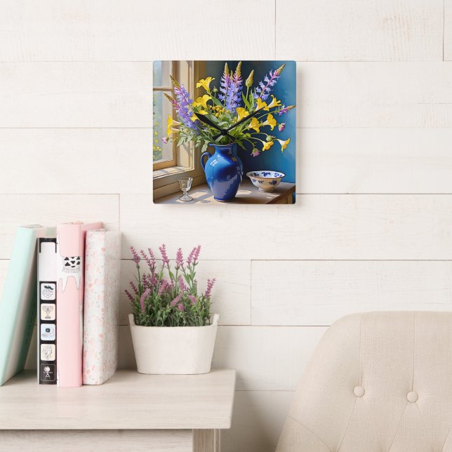 Relógio Quadrado Arte Buquê Amarela Azul (Sala de leitura)