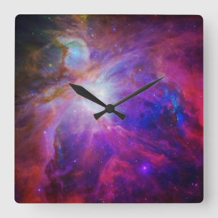 Relógio Quadrado Arte Celestial Rosa Quente e Azul Foto da Nebulosa