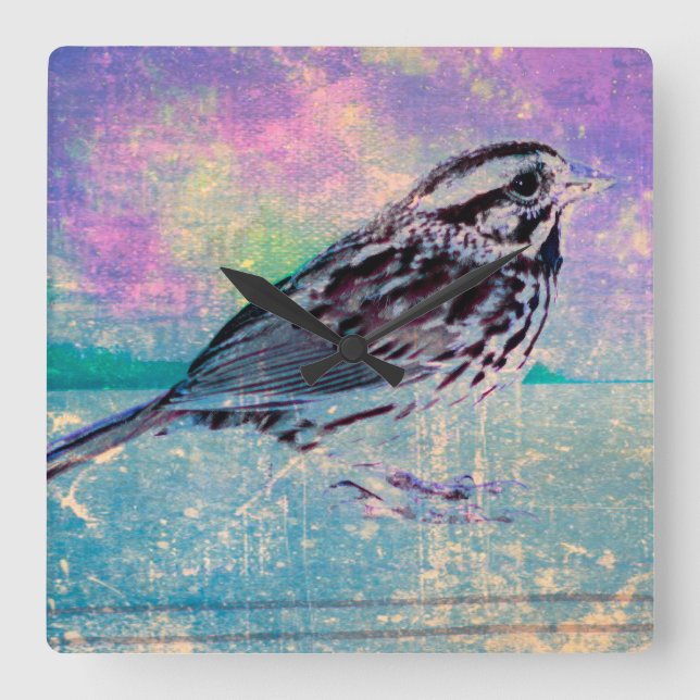 Relógio Quadrado Arte Colorida de Pássaros Abstrato: Canhão Vibrant (Frente)