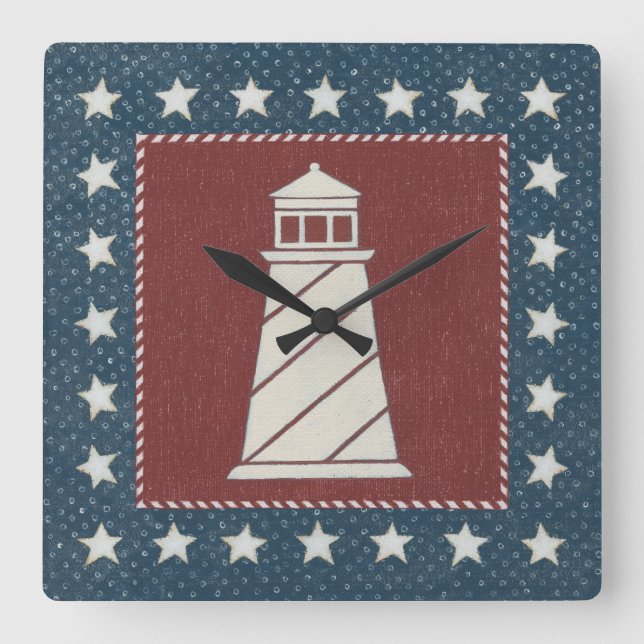 Relógio Quadrado Arte Costeira | Farol em Vermelho (Frente)