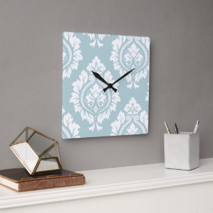 Relógio Quadrado Arte Damasco Decorativa I Branco sobre Azul Ovo de