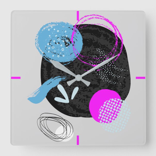 Relógio Quadrado Arte de Abstrato preto e roxo (Frente)