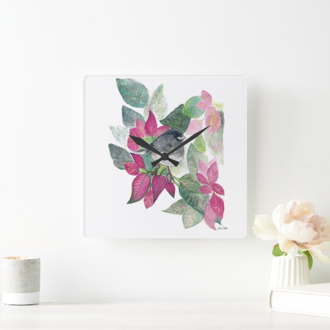 Relógio Quadrado Arte de Aquarela de Pássaro Junco Olhado Escuro (Lar)