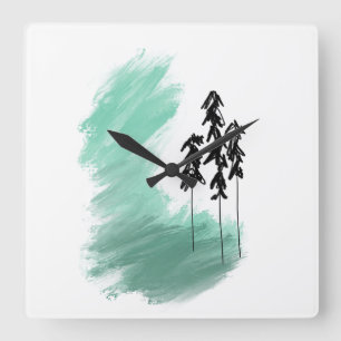 Relógio Quadrado arte de árvore verde escandinava simples menta mod