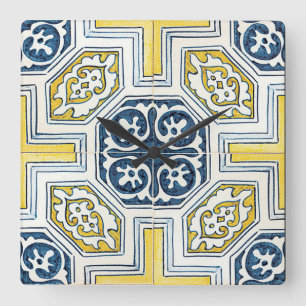 Relógio Quadrado Arte de Azulejos Florais Geométricos Amarelo Azul