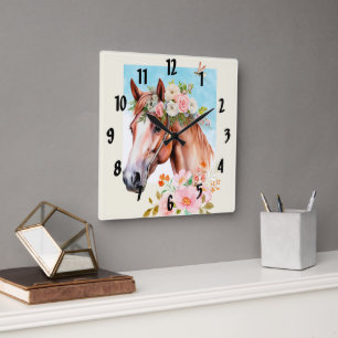 Relógio Quadrado Arte de Cavalo e Flores de Aquarelas
