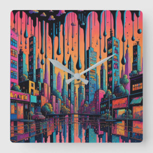Relógio Quadrado Arte de Cidade de Unidade Psicodélica