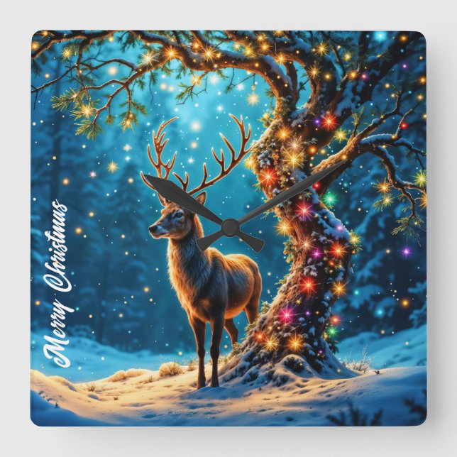 Relógio Quadrado Arte de fantasia do Polo Norte das renas de Natal (Frente)
