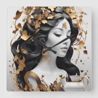Relógio Quadrado Arte de Fantasia Moderna em Preto e Dourado
