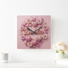 Relógio Quadrado Arte de Flor de Dahlia Pastel com Corações