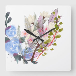Relógio Quadrado Arte de Folhas Florais – Flores Elegantes e Botâni