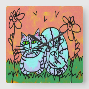 Relógio Quadrado Arte de Gato Abstrato original