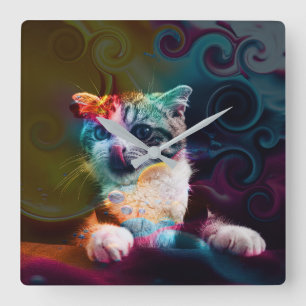 RELÓGIO QUADRADO ARTE DE GATO COLORIDA E DIVERTIDA