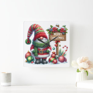 Relógio Quadrado Arte de Gnome de Natal Aconchegante – Festa de Fim