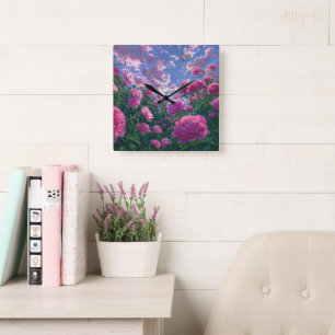 Relógio Quadrado Arte de Jardim de Peônia Rosa Sonhador