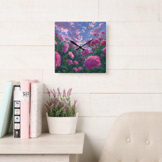 Relógio Quadrado Arte de Jardim de Peônia Rosa Sonhador