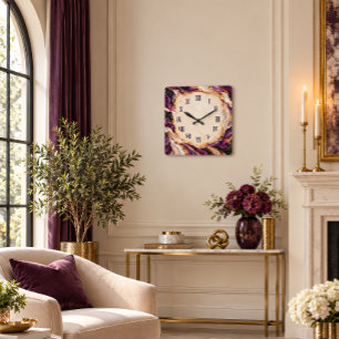 Relógio Quadrado Arte de Mármore Geodo Dourado Roxo Numeral Romano