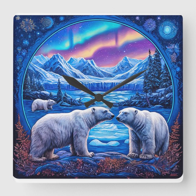 Relógio Quadrado Arte de Parede de Vida Selvagem de Inverno de Urso (Frente)