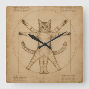 Relógio Quadrado Arte de Paródia do Renascimento do Gato Vitruviano