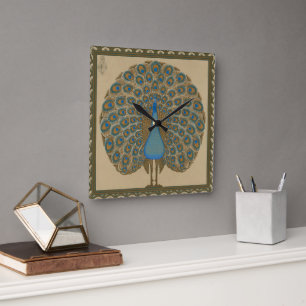 Relógio Quadrado Arte de Pavão Azul Dourado Vintage de Walter Crane