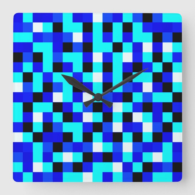 Relógio Quadrado Arte de Pixel Verificada Aleatoriamente - Azul e B (Frente)