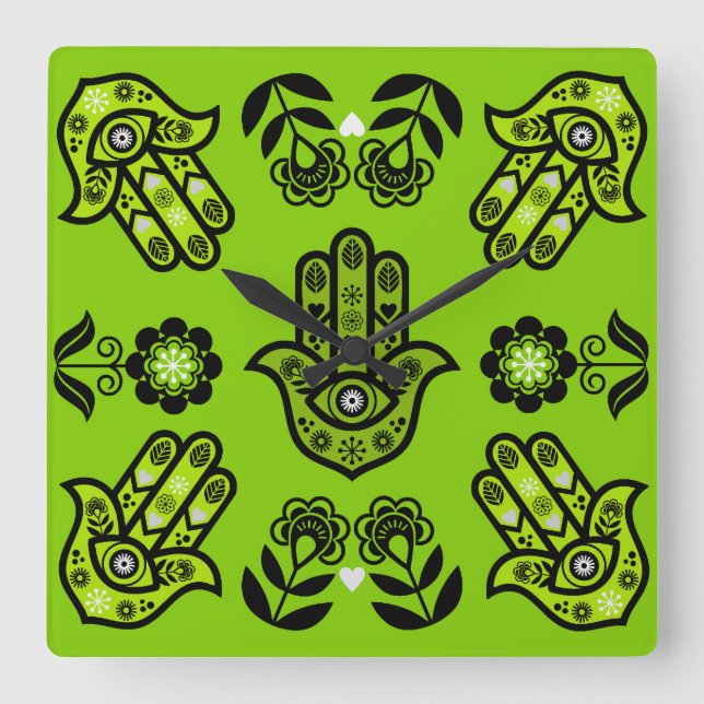 Relógio Quadrado Arte de Proteção da Mão Hamsa (Frente)