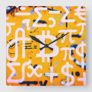 Relógio Quadrado Arte de Rua Bitcoin (Pintura Laranja Nº 4)