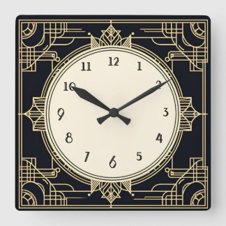 Relógio Quadrado Arte Deco Dourado e quadro preto quadrado