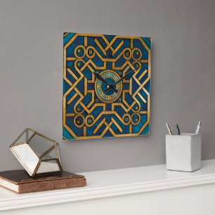 Relógio Quadrado Arte Deco Mármore de Luxo Azul Dourado Chave Grega