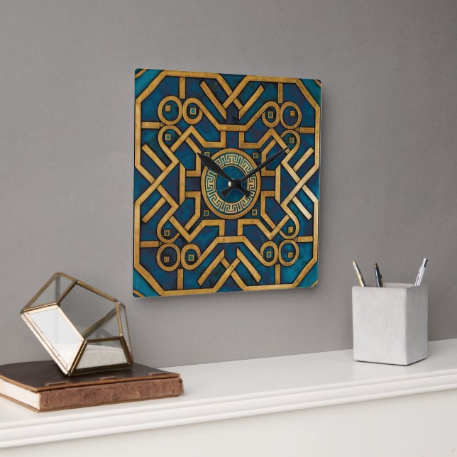 Relógio Quadrado Arte Deco Mármore de Luxo Azul Dourado Chave Grega (Escritório)