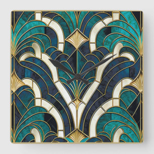 Relógio Quadrado Arte Deco Mosaico de Mármore de Luxo Azul Dourado