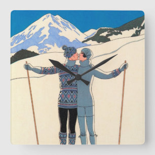 Relógio Quadrado Arte Deco Vintage, Amantes na Neve por George Barb