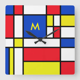 Relógio Quadrado Arte Design Geométrica Inspirada em Mondrian