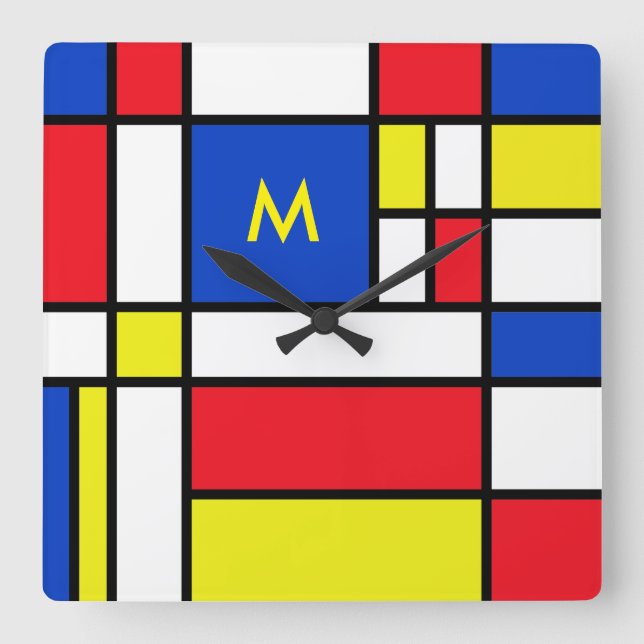 Relógio Quadrado Arte Design Geométrica Inspirada em Mondrian (Frente)