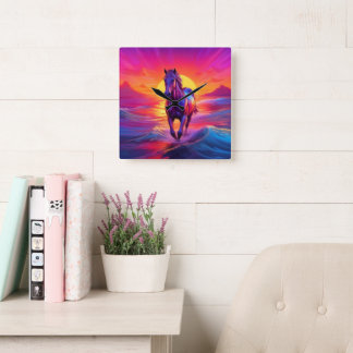 Relógio Quadrado Arte Deslumbrante de Cavalo ao Pôr do Sol