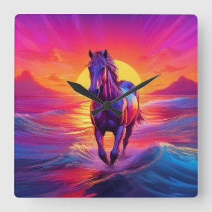 Relógio Quadrado Arte Deslumbrante de Cavalo ao Pôr do Sol