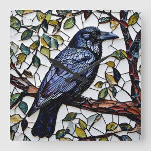 Relógio Quadrado arte em mosaico de pássaro gralha