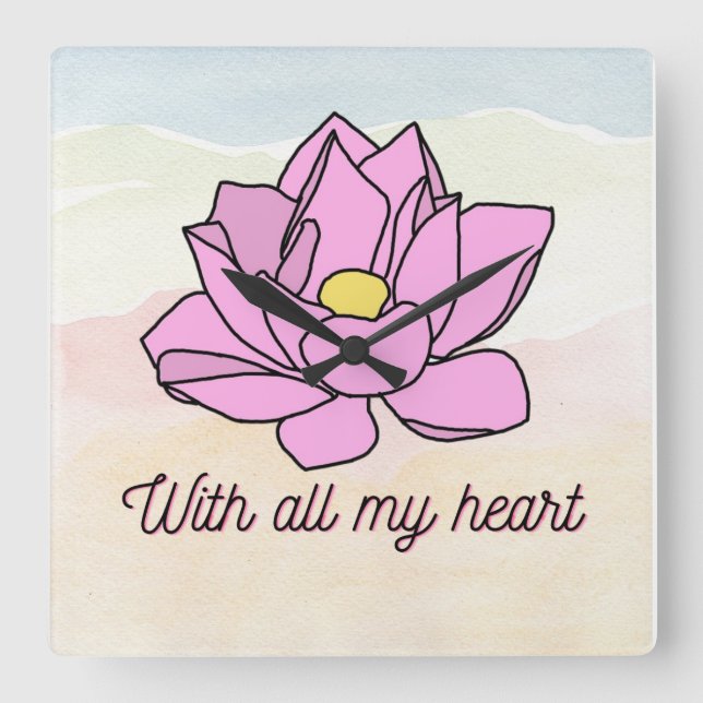 Relógio Quadrado Arte Flor do Lotus Rosa (Frente)