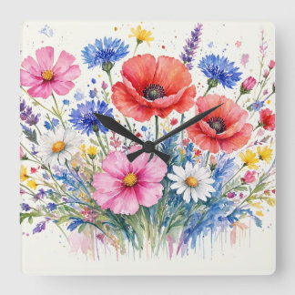 Relógio Quadrado Arte Floral de Buquê de Prado de Flores Silvestres