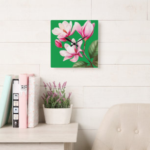 Relógio Quadrado Arte Floral de Flor Rosa Simples Elegante