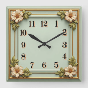 Relógio Quadrado Arte Floral Deco Menta