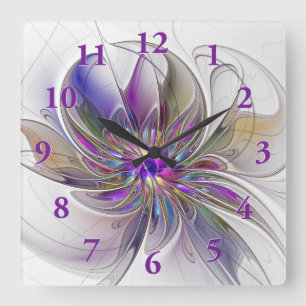 Relógio Quadrado Arte floral fractal abstrata colorida e energética